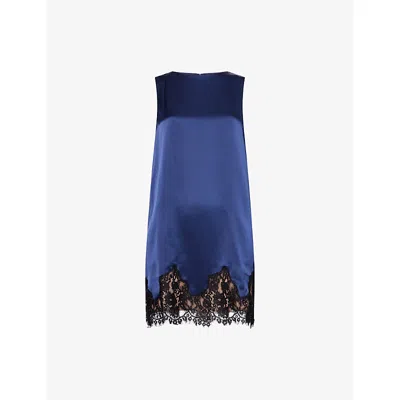 Reformation Womens Navy Jessalyn Lace-hem Silk Mini Dress In Blue