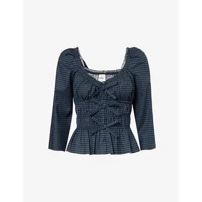 REFORMATION WOMENS DARK SLATE CHECK LAURYN CHECK-PRINT STRETCH-COTTON TOP
