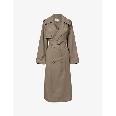 Reformation Womens Matteo Check-pattern Belted Wool-blend Trench Coat Brown Check