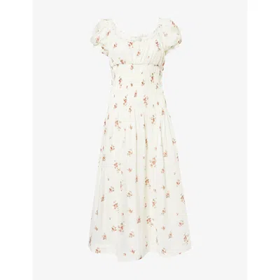 Reformation Womens  Riva Shirred-waist Cotton-blend Midi Dress In Maven