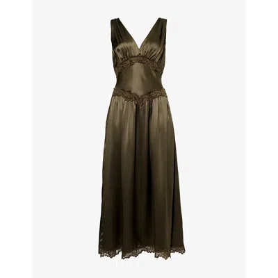 Reformation Womens Stasia Embroidered Silk Midi Dress Pine Tree