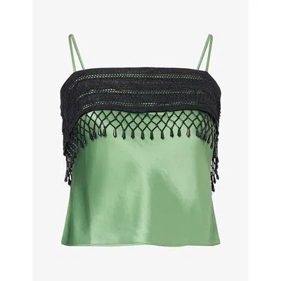 Reformation Womens Slyvette Fringe-trim Satin Top Jade Green