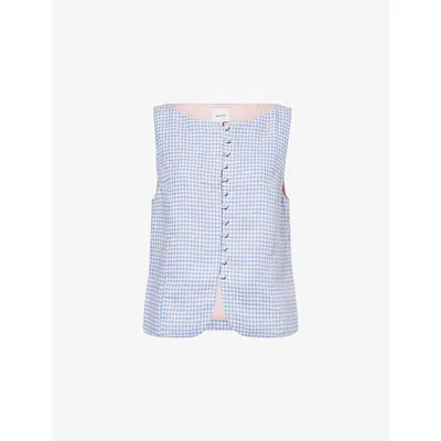 Reformation Womens Stellar Check Addison Gingham Linen Top In Blue