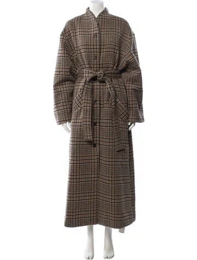 Pre-owned Reformation Wool Plaid Print Peacoat In Brown