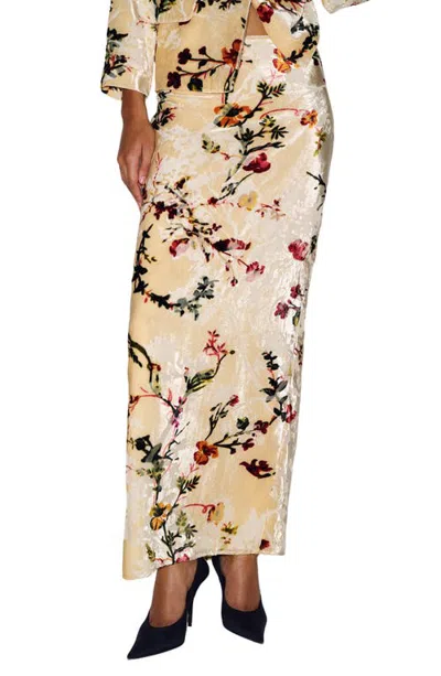 Reformation X Alexa Chung Carolyn Print Velvet Maxi Skirt In Gold