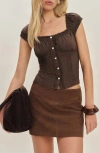 Reformation X Devon Lee Carlson Layla Low Rise Suede Miniskirt In Chocolate Cake
