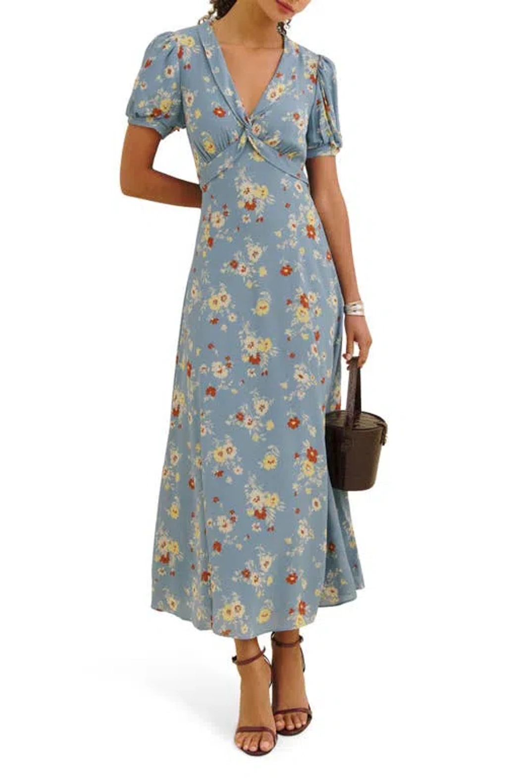 knee length dresses for ladies Reformation // Green Printed Midi Dress  VSP Consignment