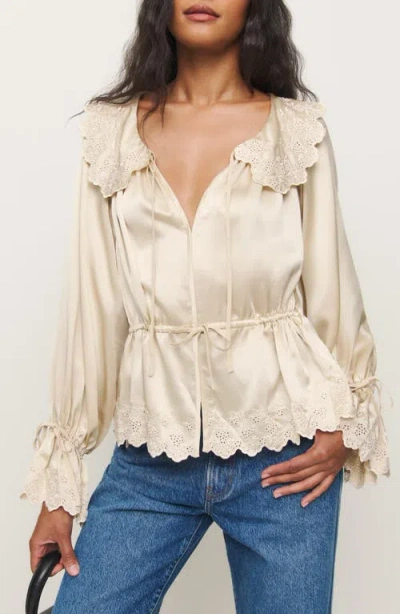 Reformation X Kacey Musgraves Lillie Eyelet Embroidered Silk Top In Almond