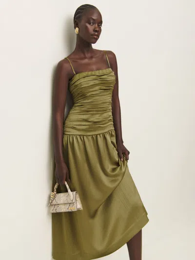 Reformation Zeya Satin Dress In Olive Oil Crinkle