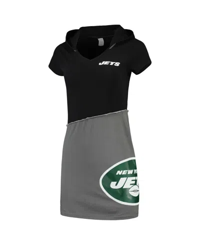 Refried Apparel Black/gray New York Jets Sustainable Hooded Mini Dress In Black,gray