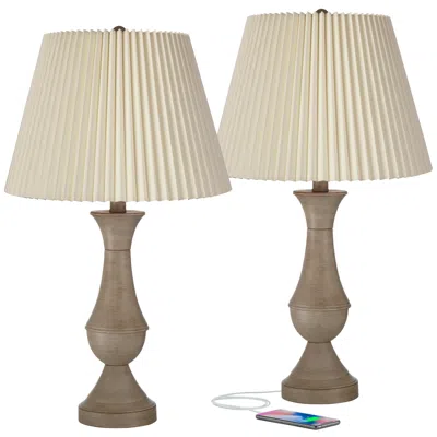 Regency Hill Avery 25" Faux Wood And Ivory Touch Usb Lamps Set Of 2