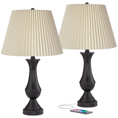 Regency Hill Blakely Bronze Led Touch Lamps With Usb Ports And Pleated Shades- Set Of 2