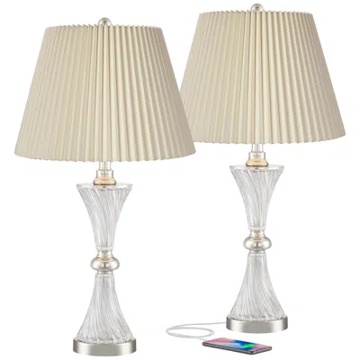 Regency Hill Copeland Chrome And Glass Usb Table Lamps With Ivory Pleat Shades Set Of 2