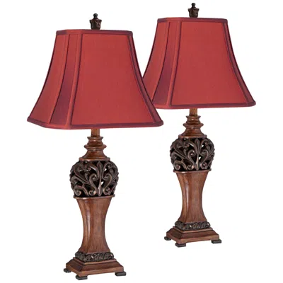 Regency Hill Exeter 30" Wood Finish Red Shade Table Lamps Set Of 2