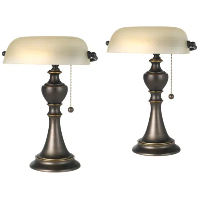 Regency Hill Haddington 16" Glass And Bronze Piano Lamps Set Of 2 In Brown