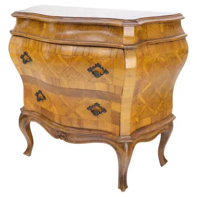 Pre-owned Regency Italian Parquet Burl Wood Bombe Style Compact Entry Chest Of Drawers Dresser In Brown