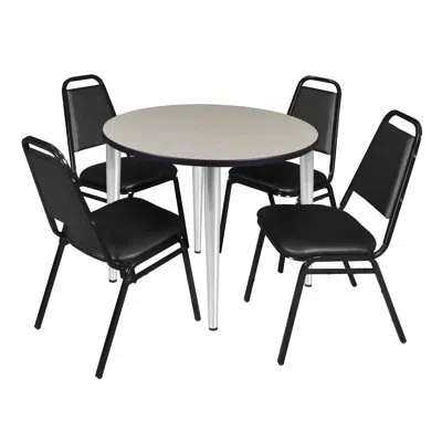 Regency Kahlo Round Breakroom Table Top, Base & 4 Restaurant Stack Chairs In Maple,chrome,black