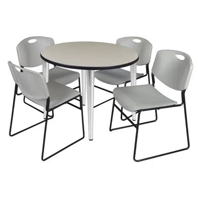 Regency Kahlo Round Breakroom Table Top, Chrome Base & 4 Zeng Stack Chairs In Maple,chrome,gray