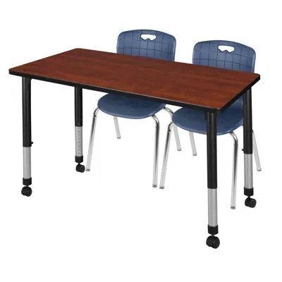 Regency Kee Mobile Adjustable Classroom Table & 2 Andy 18 In. Stack Chairs In Cherry,chrome,navy Blue