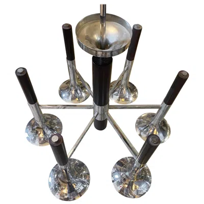 Pre-owned Reggiani 1970s  Space Age Wood And Steel Italian Chandelier In Brown