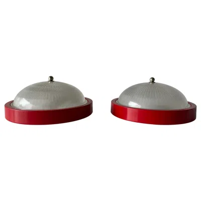 Pre-owned Reggiani Glass Red Metal Base Pair Of Sconces Or Ceiling Lamps By , 1970s, Italy