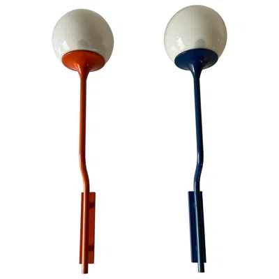 Pre-owned Reggiani Orange-dark Blue Long Metal Body Glass Pair Of Sconces By , 1970s, Italy