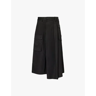 Regulation Yohji Yamamoto Womens Black V-waistband Cargo-pocket Cotton-poplin Midi Skirt