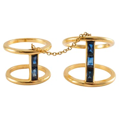 Pre-owned Reign 18k Yellow Gold Baguette Sapphires Two Piece Cocktail Ring