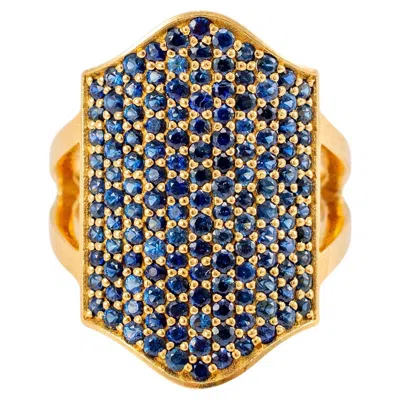 Pre-owned Reign 18k Yellow Gold Blue Sapphires Shield Cocktail Ring
