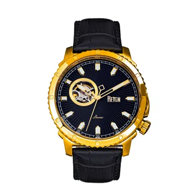 Reign Bauer Automatic Semi-skeletonleather-band Watch In Black / Gold Tone