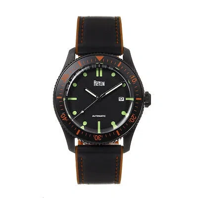 Pre-owned Reign Elijah Automatic Rubber Inlaid Leather-band Watch W/date - Black/orange