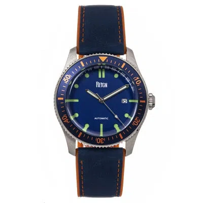 Pre-owned Reign Elijah Automatic Rubber Inlaid Leather-band Watch W/date - Blue/orange