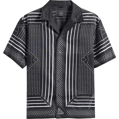 Reigning Champ Arena Relaxed Fit Geo Print Linen Camp Shirt In Black