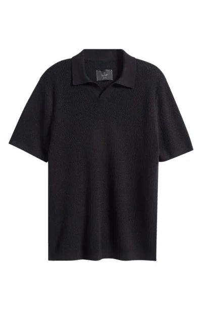 Reigning Champ Victor Johnny Collar Cotton & Linen Mesh Stitch Polo Sweater In Black