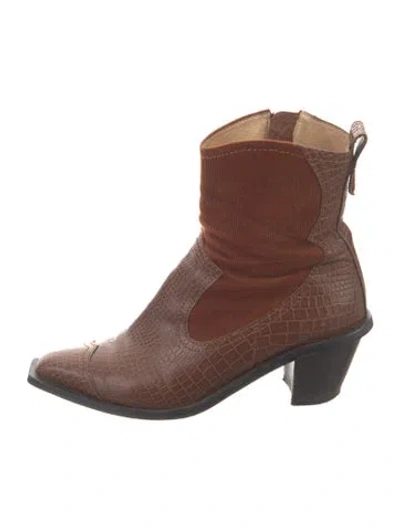 Pre-owned Reike Nen Embossed Leather Animal Print Western Boots In Brown