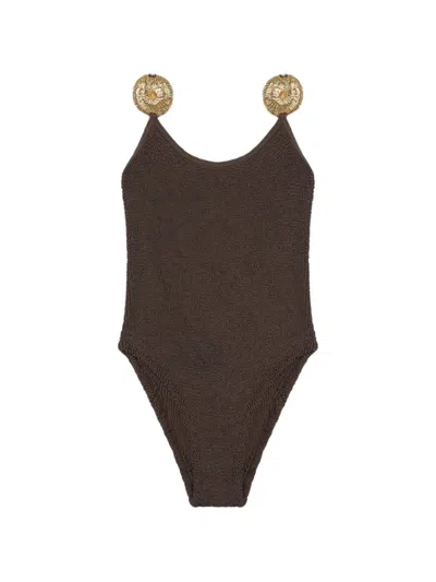 Reina Olga Circe Crinkle-effect Swimsuit In Brown