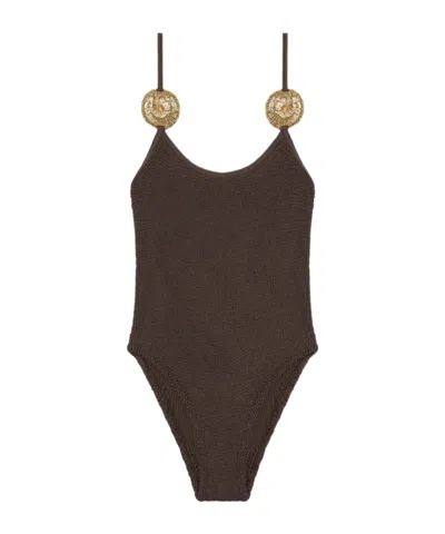 Reina Olga Circe Crinkle-effect Swimsuit In Brown