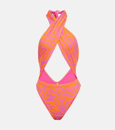 Reina Olga Italian Stallion Zebra-print Swimsuit In Orange Pink Zebra