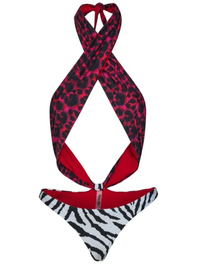 Reina Olga Red Leopard Print And Zebra Print One-piece Swimsuit