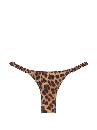 Reina Olga Scrunchie Leopard-print Bikini Bottoms In Brown