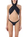 Reina Olga Front Cross Halter Neck Open Back Trikini In Black