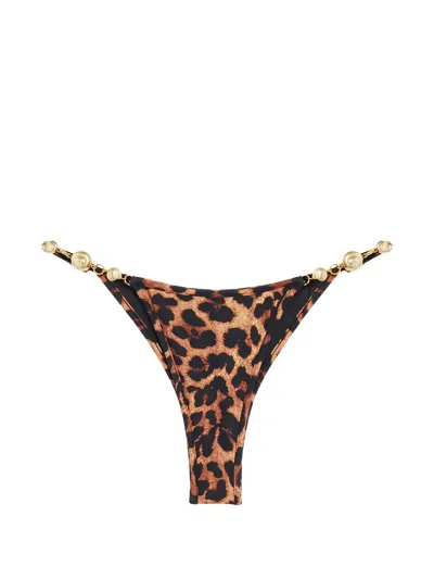 Reina Olga Splash Leopard-print Embellished Bikini Bottoms In Brown