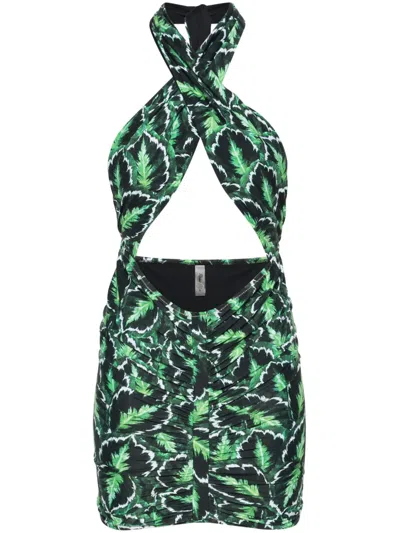 Reina Olga Stallion Palm-print Minidress In Black