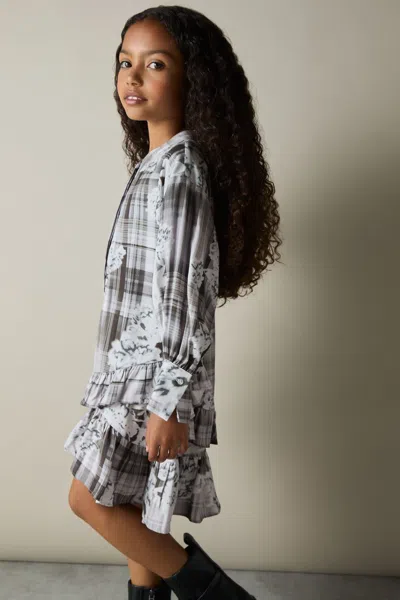 Reiss Grey Floral-check Tiered-frill Dress