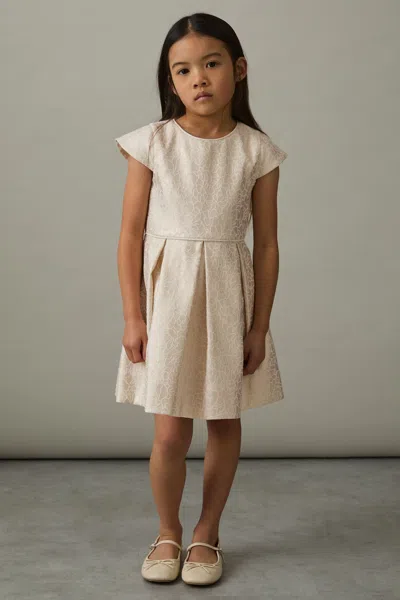 Reiss Ivory Brocade Cap-sleeve Pleated Dress