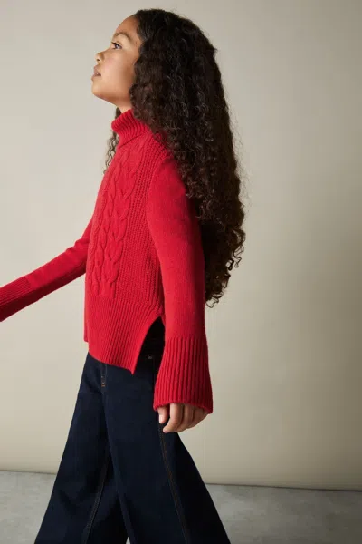 Reiss Red Carina 9-13 Yrs Wool-blend Cable-knit Roll-neck Jumper