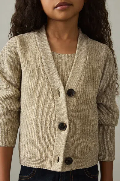 Reiss Gold Mika 9-13 Yrs Metallic-knit V-neck Cardigan