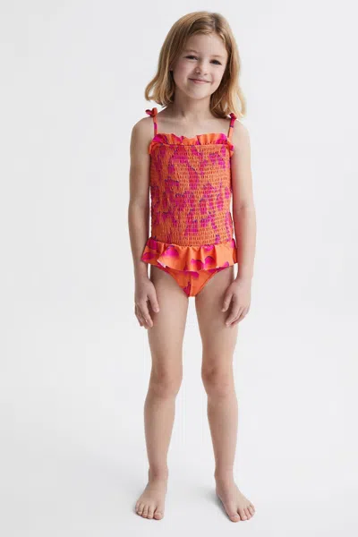 Reiss Kids' Little Girl's & Girl's Nelli Smocked Ruffle-trim One-piece Swimsuit In Orange Print