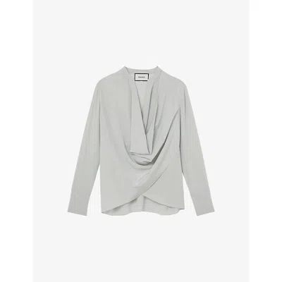 Reiss Womens Lauren Notch-neck Draped Silk Shirt Grey In Gray