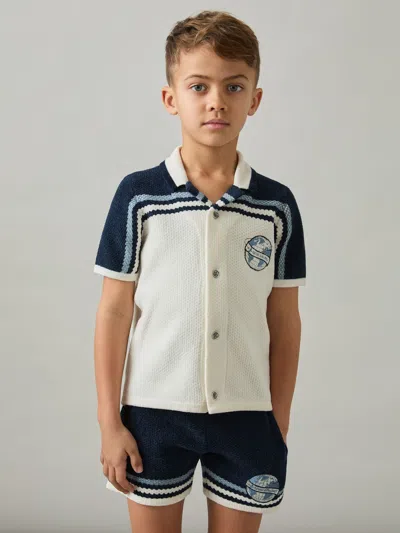 Reiss Kids' Navy/airforce Blue/white 9-13 Yrs Chenille Airlines Embroidery Shirt